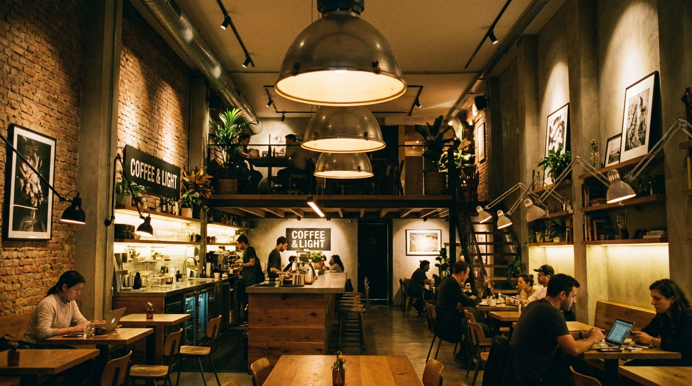Cafe interior showing layered lighting with ambient, task, and accent lights