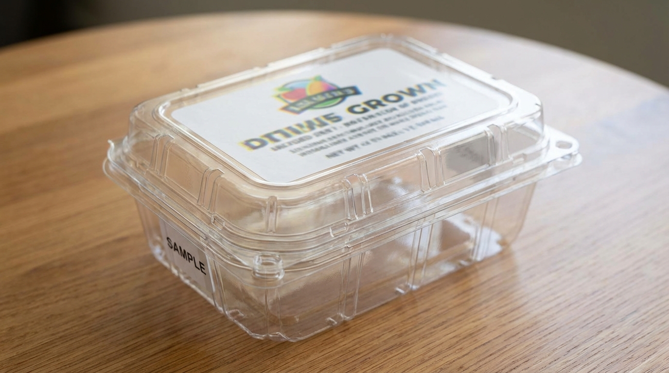 Plastic packaging with blurred or misaligned printed text and logo, showing printing registration error on a transparent plastic container