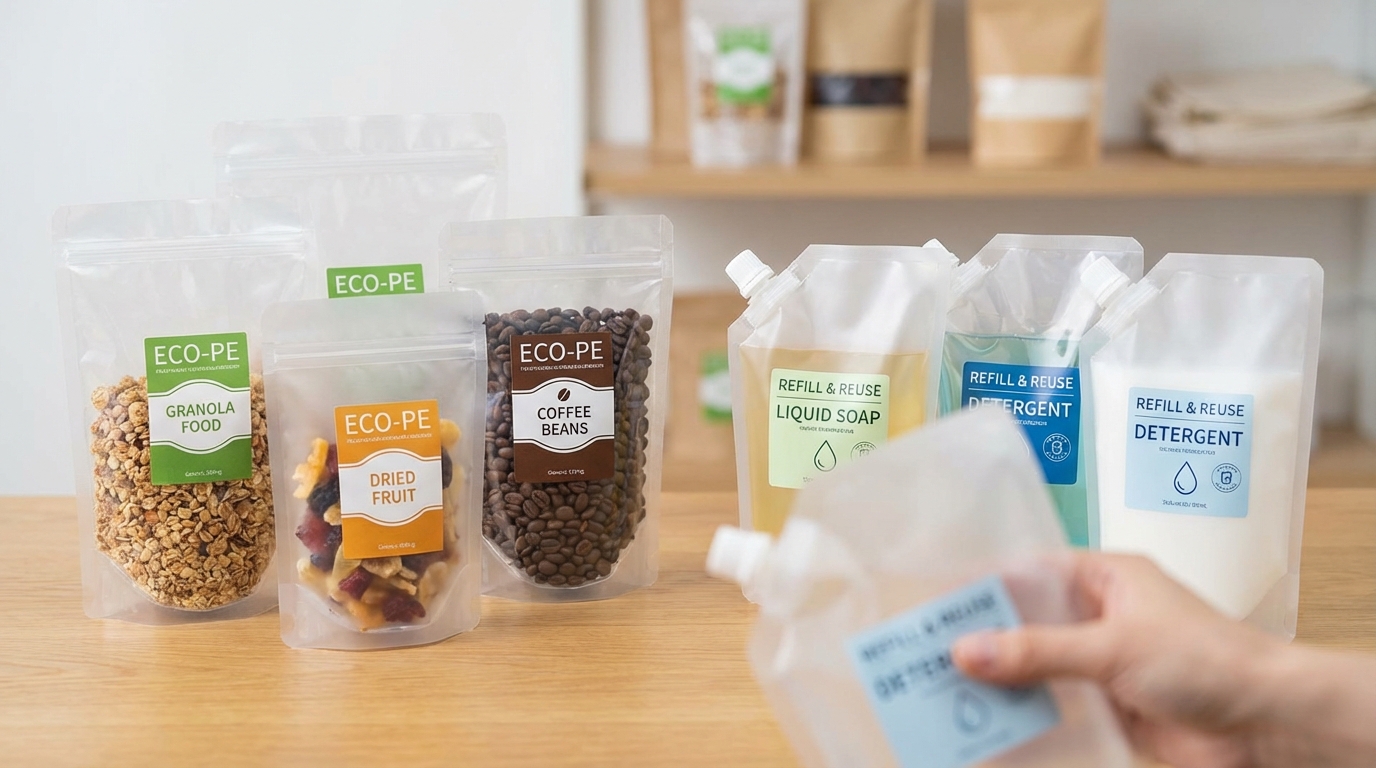 Polyethylene (PE) flexible packaging including food pouches and refillable sachets