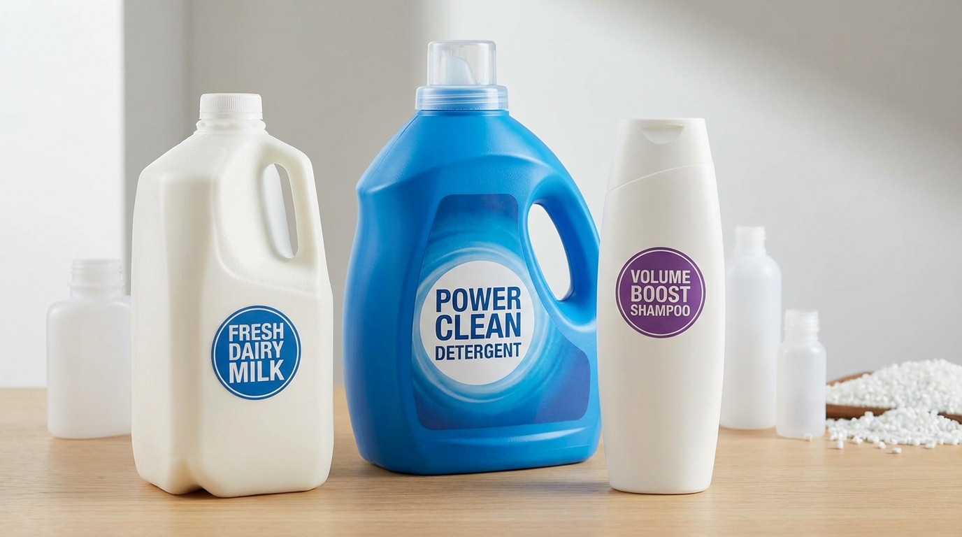 HDPE bottles for milk, detergent, and shampoo showing rigid structure and durability
