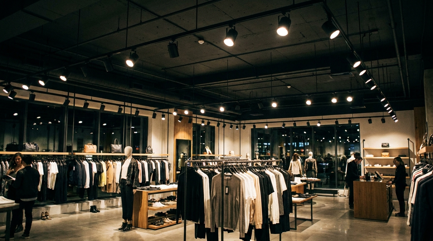 A modern retail boutique interior with black track lighting on the ceiling and bright warm-white spotlights aimed at fashion merchandise on hanging rails, clear contrast between the general shop lighting and the illuminated products