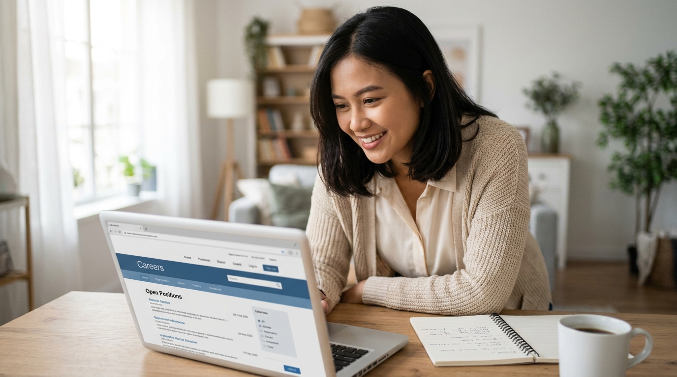 A young Indonesian professional in business casual attire reviewing job listings on a laptop at home, notebook and coffee cup visible, soft daylight from window