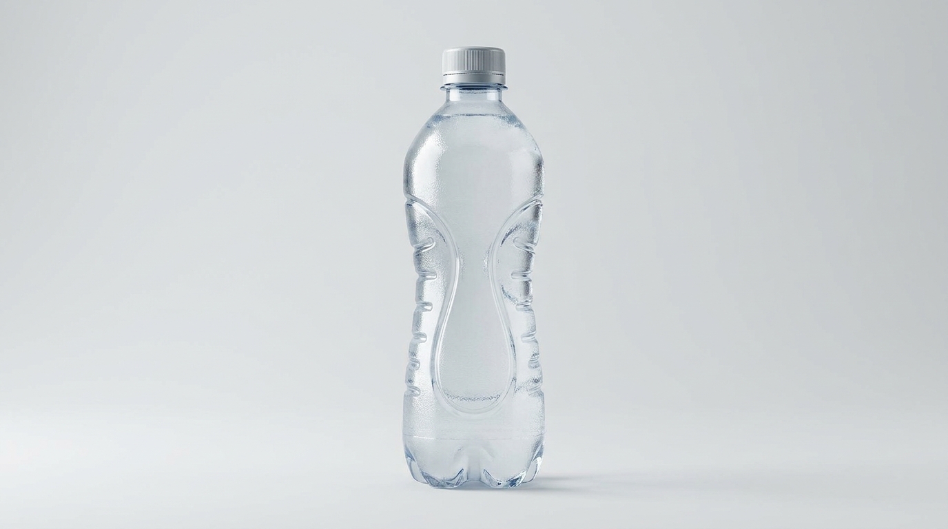A uniquely shaped plastic bottle with curved sides designed for easy gripping, standing alone against a plain light background