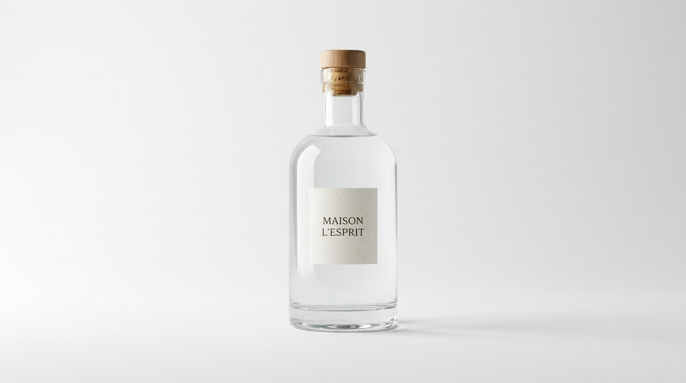A clear glass spirits bottle with a very small minimalist paper label and a simple cap, standing on a clean white surface under soft studio lighting