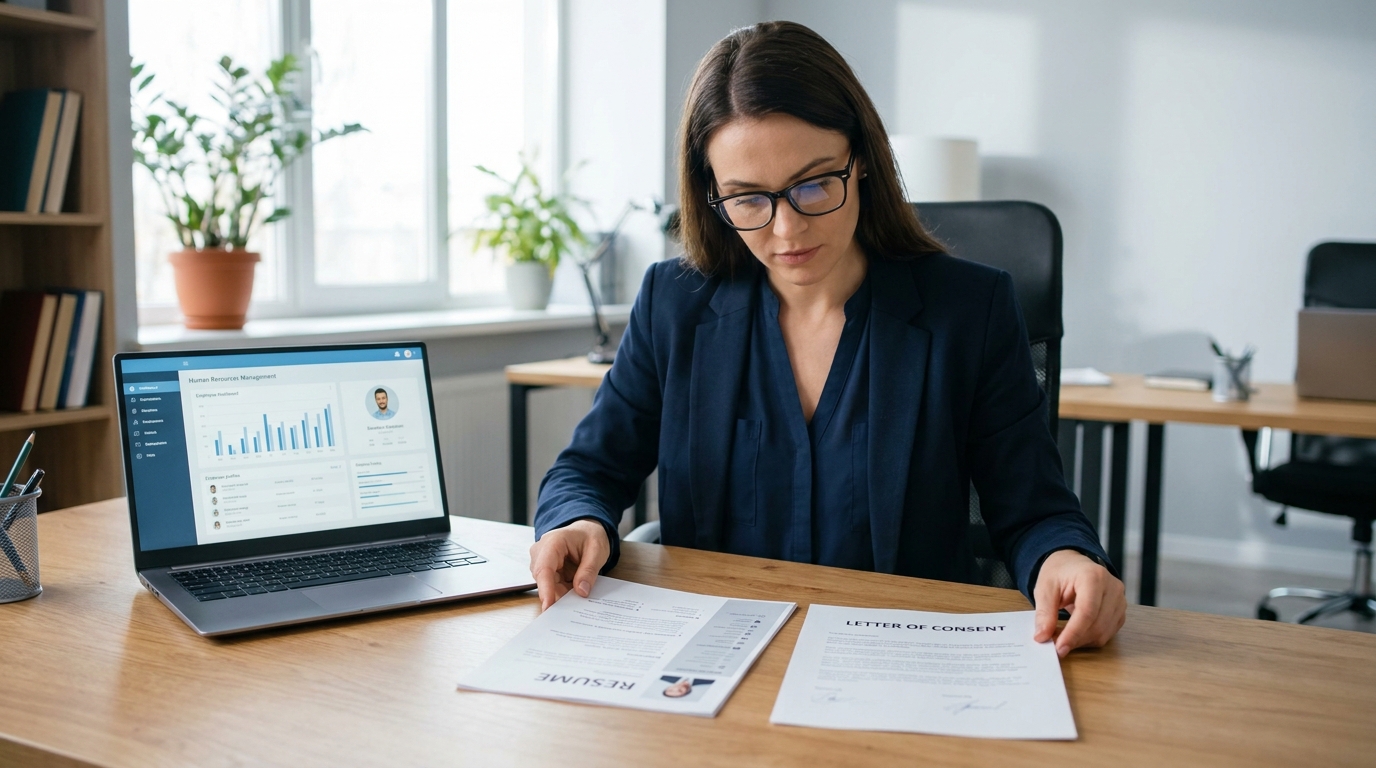 A hiring manager in business casual seated at an office desk reviewing a printed resume and a Letter of Consent document side by side, a laptop open beside her showing a generic HR system, soft daylight from a window in the background, mid-shot