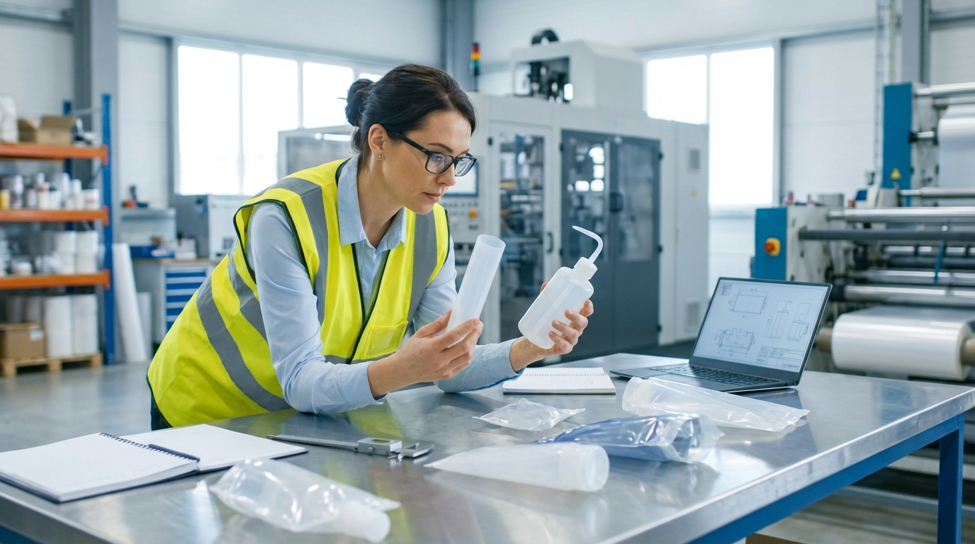 A packaging engineer examining and comparing different semi-flexible plastic containers and tubes at a factory workstation