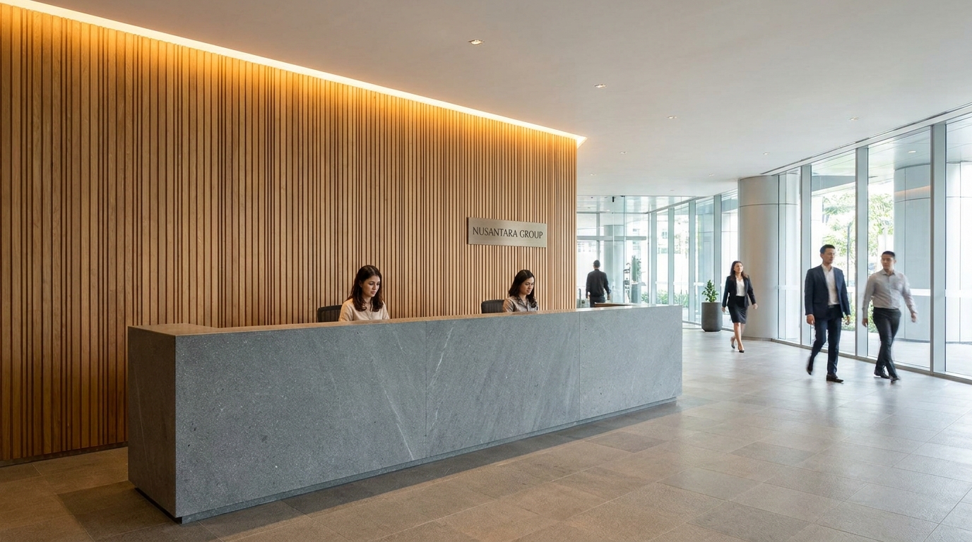 A modern Jakarta commercial reception area with a solid stone counter, warm timber wall panel behind it, indirect ceiling wash, and a small brand mark at eye level, showing how materials and light carry the brand message without a large logo wall