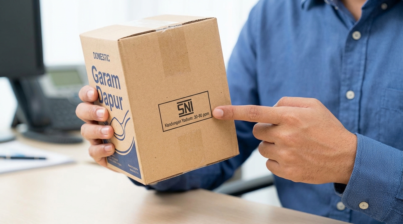 Tangan seseorang memegang bungkus garam dapur dan menunjuk ke label SNI serta informasi kandungan yodium di bagian belakang kemasan