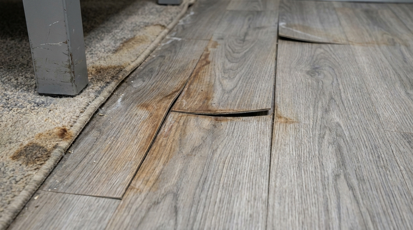 A close-up of warped and lifting SPC vinyl plank flooring in a commercial space, edges curling up where the planks meet, showing moisture damage