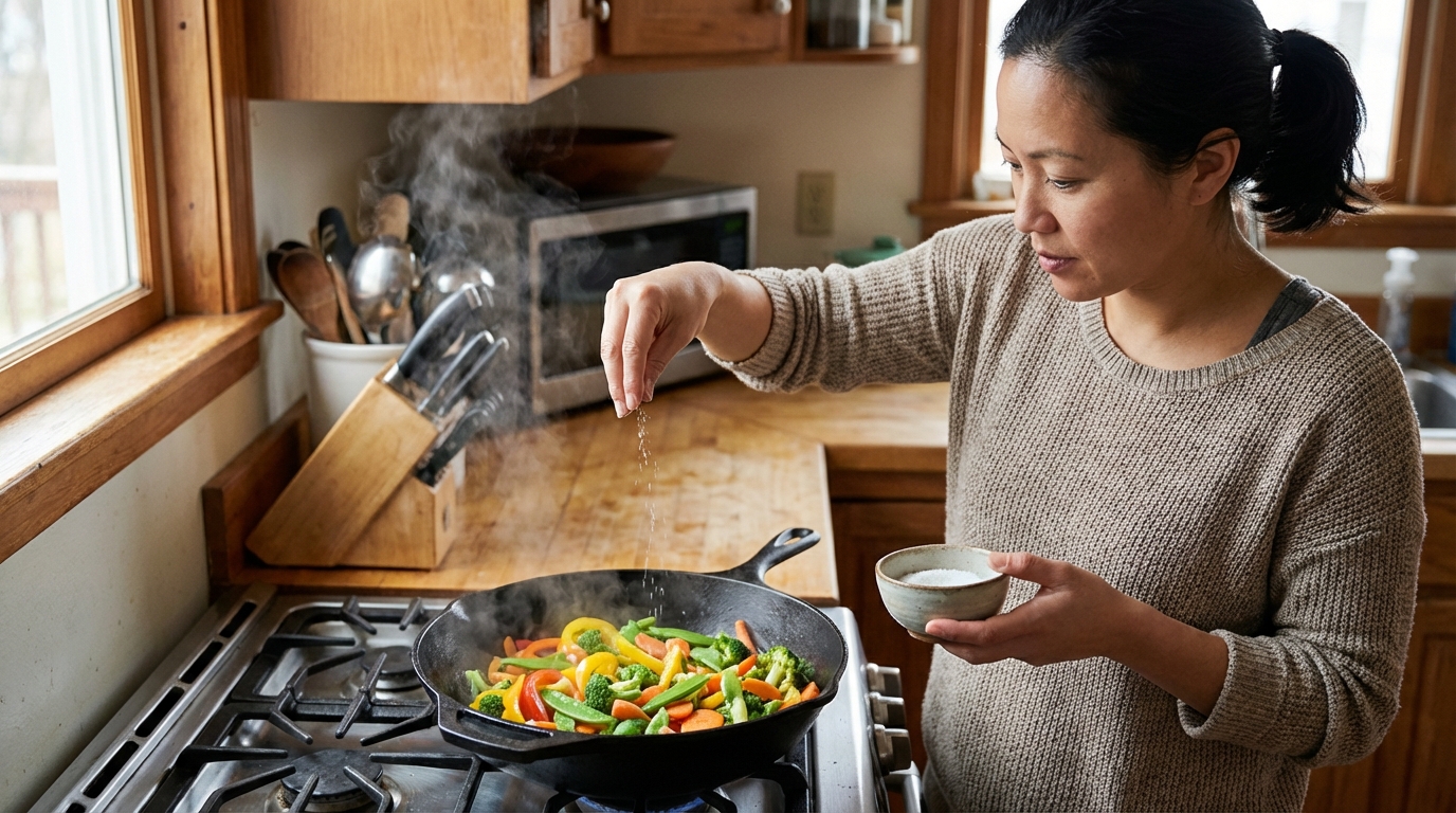 Tangan seorang ibu mencubitkan garam halus ke dalam wajan tumisan sayuran di dapur rumah sederhana