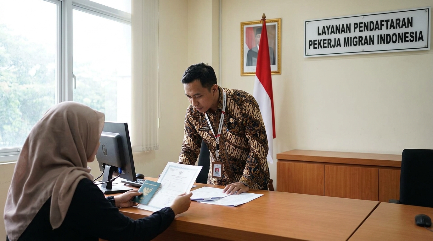 An Indonesian migrant worker registration officer reviewing documents at a counter, an applicant seated across handing over a passport and certificate, Indonesian flag visible behind the counter, soft natural daylight
