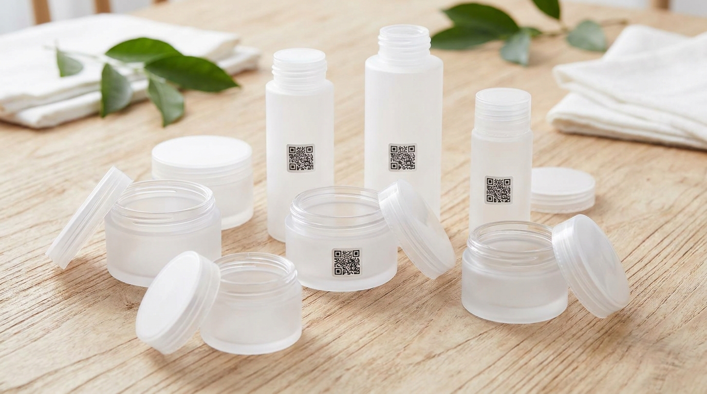 A set of frosted plastic skincare jars and bottles with removable refillable lids, a few showing small QR code stickers, arranged on a bright wooden surface