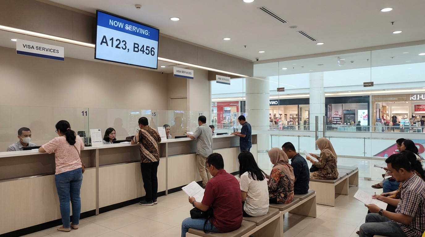 A modern visa application centre counter inside a Jakarta shopping mall, with numbered queue display, applicants seated in waiting area, neutral office lighting, generic interior with no specific brand signage