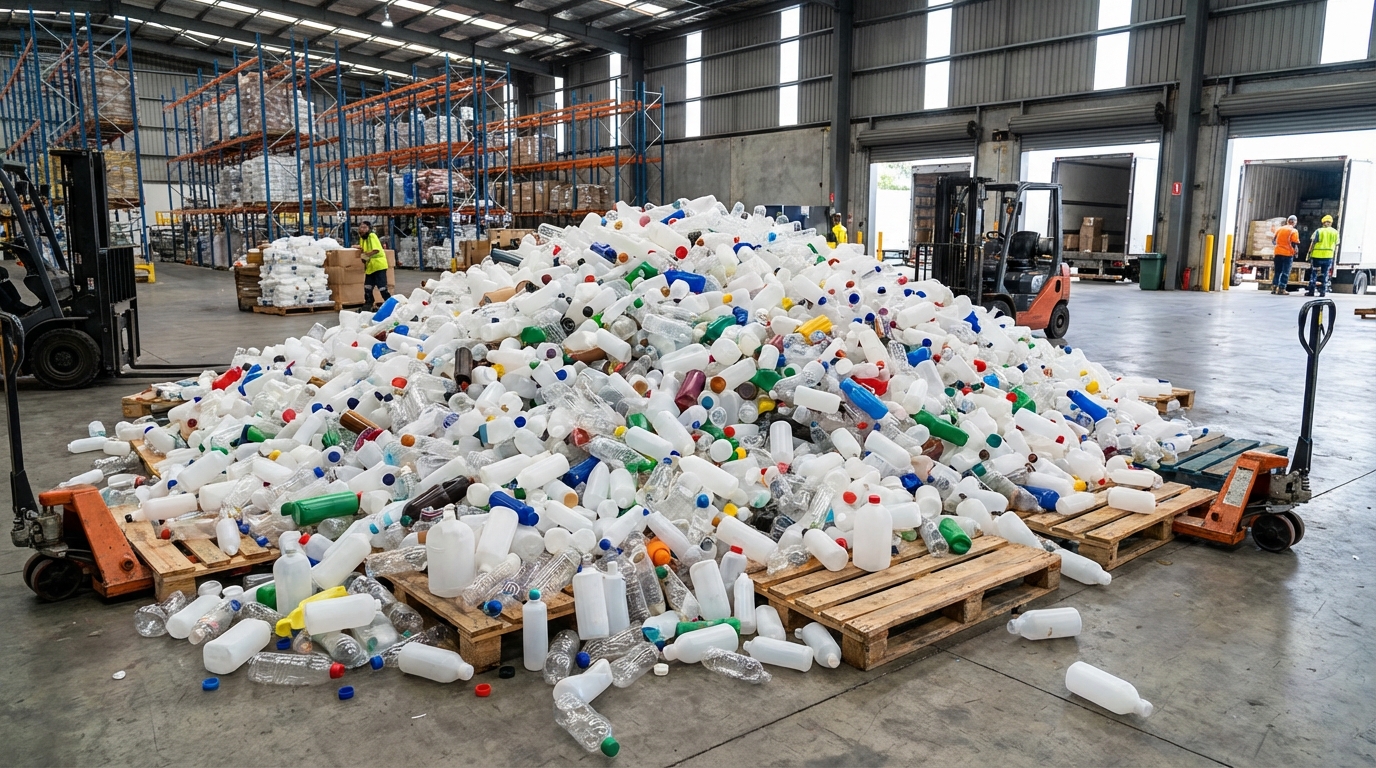 Tumpukan besar kardus berisi botol plastik HDPE kosong di gudang pabrik kemasan, siap dikirim ke pelanggan
