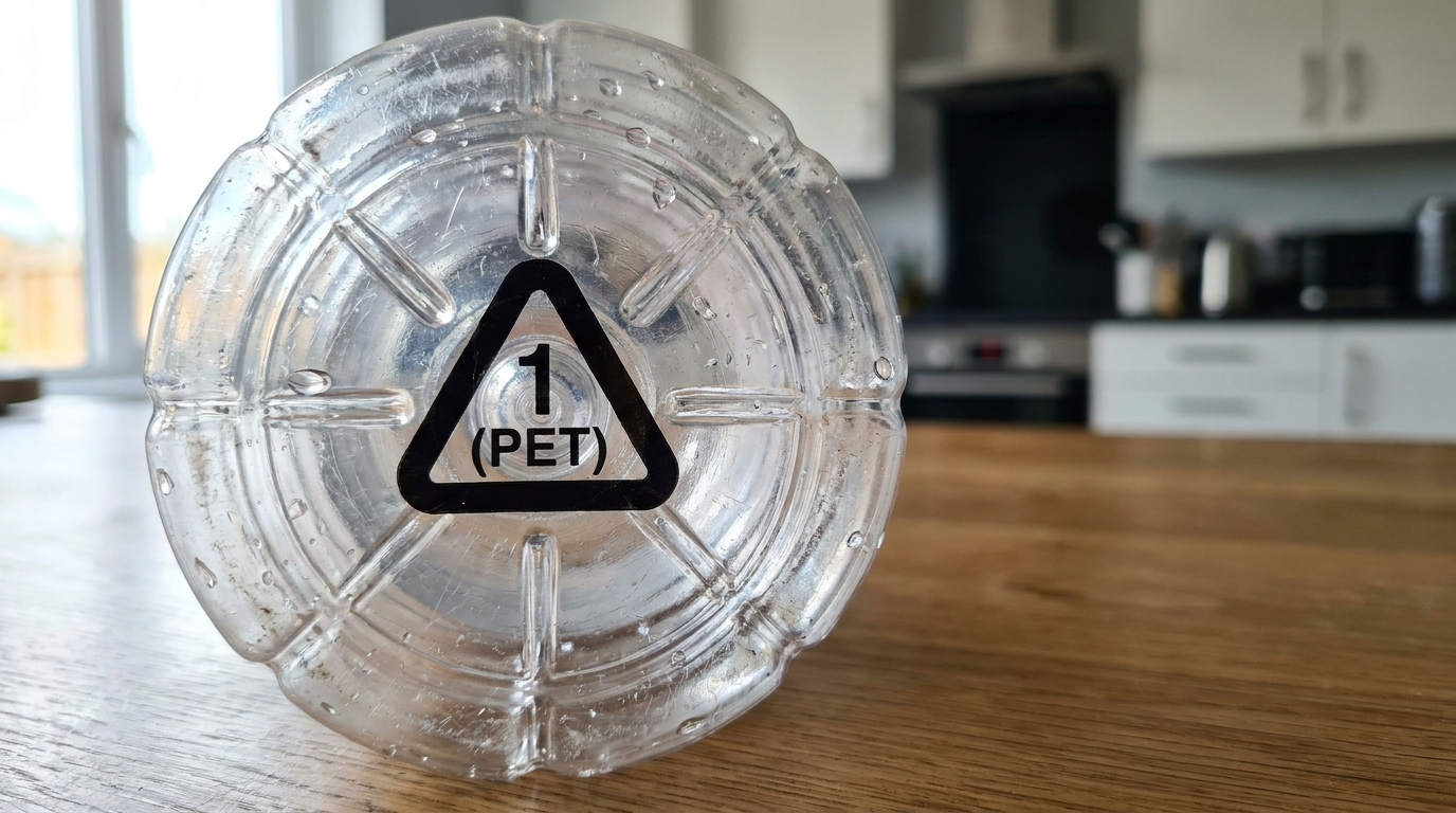 Close-up shot of the bottom of a clear plastic bottle showing a solid black triangle with the number 1 (PET) embossed inside
