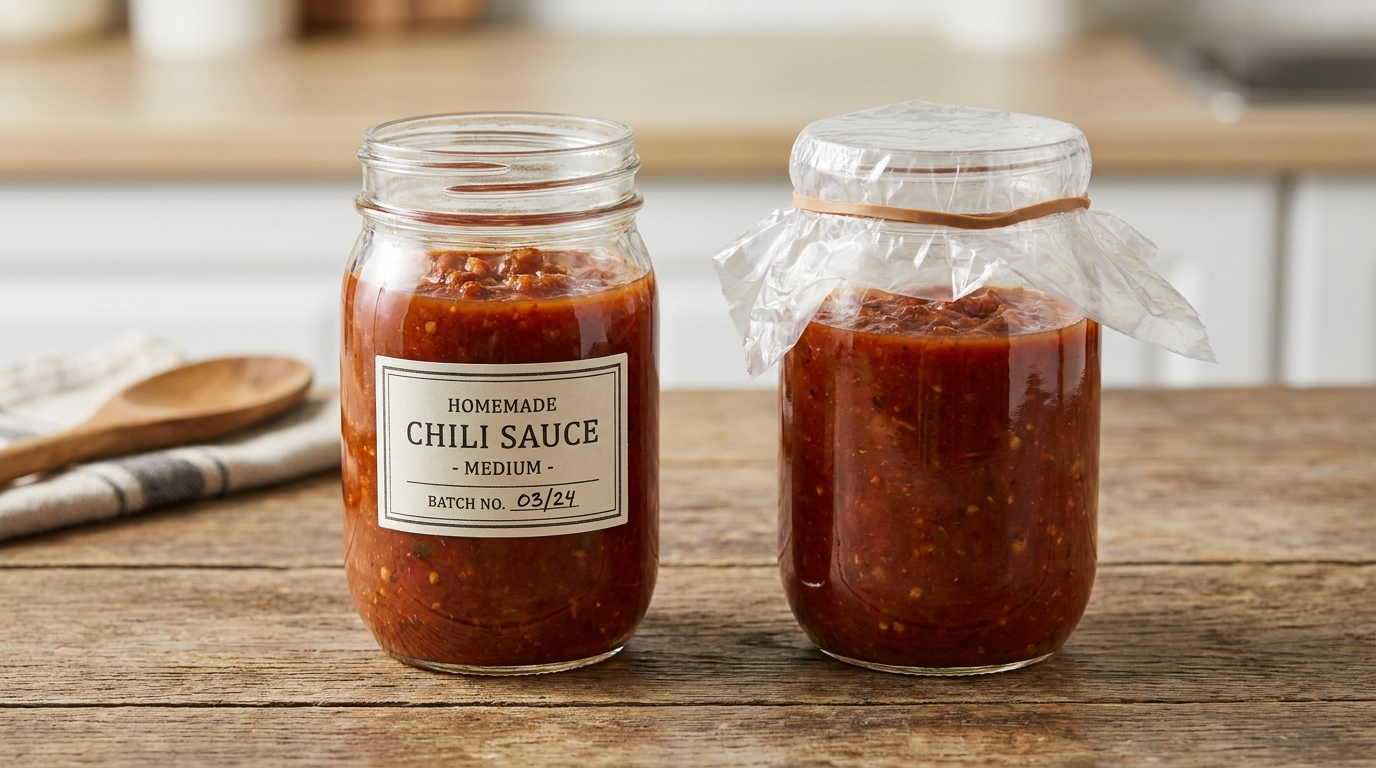 Two jars of homemade chili sauce side by side on a wooden table, one in a clean glass jar with a neatly printed sticker label, the other wrapped in plain clear plastic tied with a rubber band
