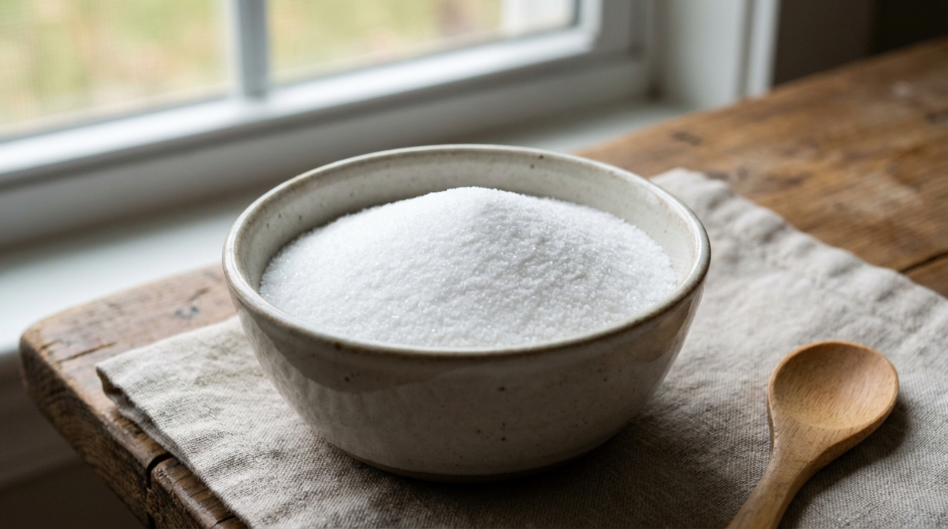 Garam halus beryodium putih bersih dalam mangkuk kecil di meja dapur, butiran sangat kecil dan seragam