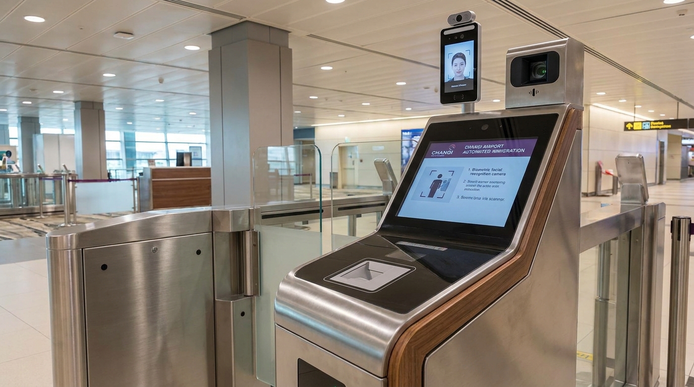 A modern automated immigration gate at Changi Airport with biometric facial recognition camera and iris scanner, no passenger visible, neutral airport lighting