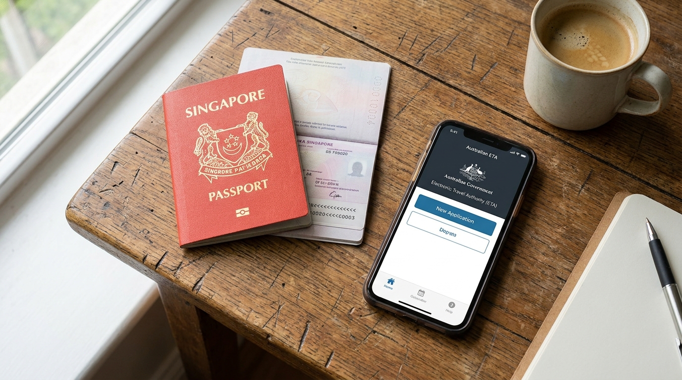 A Singapore passport resting on a wooden desk next to a smartphone displaying the official Australian ETA mobile app home screen, photographed from above in soft natural light