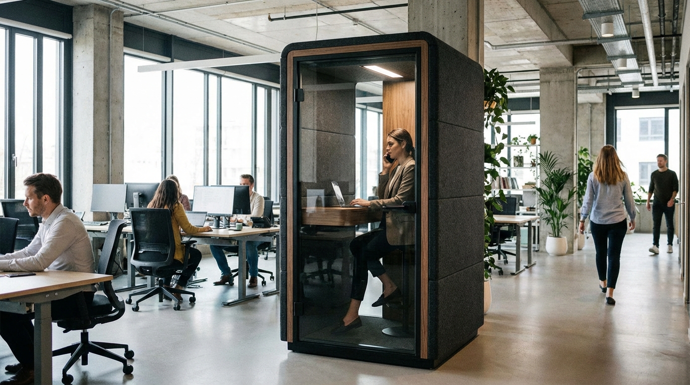 Acoustic phone booth pod in modern office with sound-absorbing padding