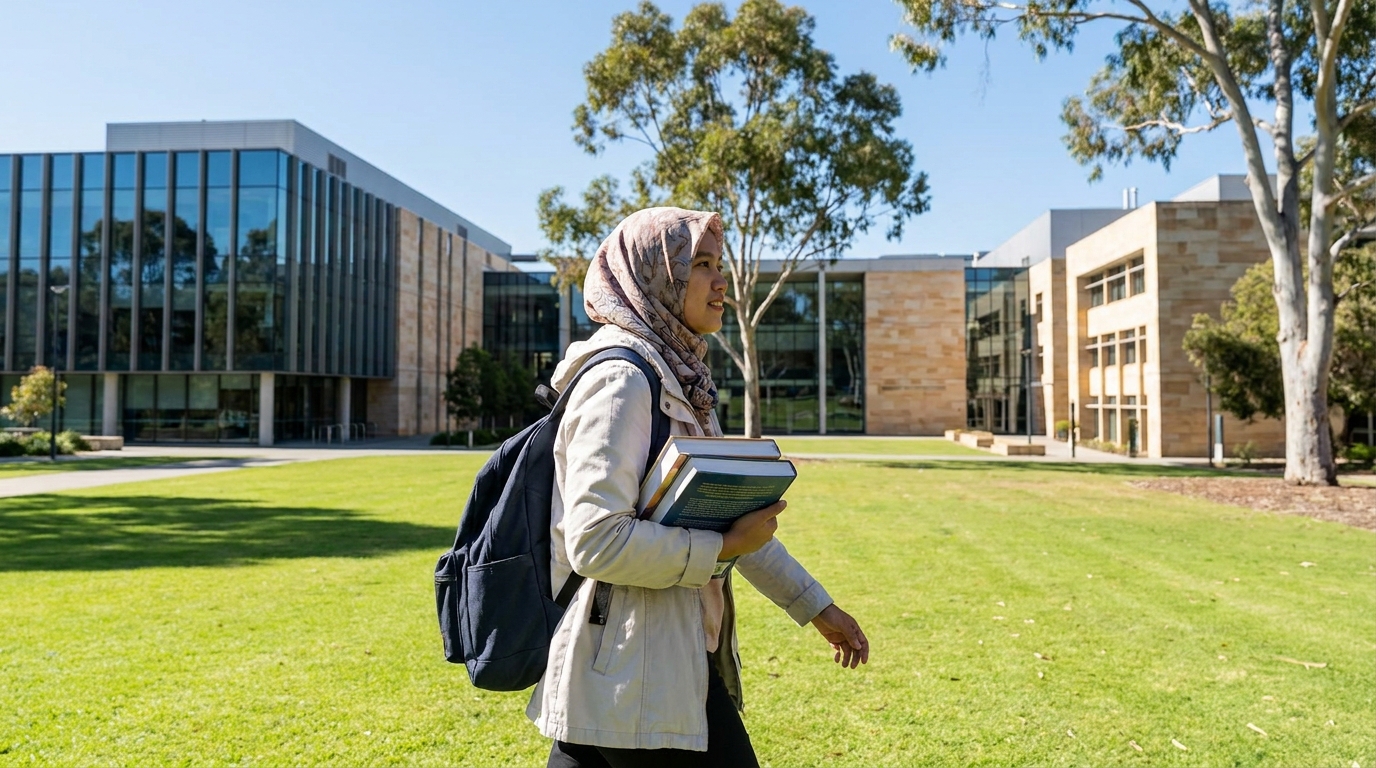 An Indonesian university student carrying a backpack and books walking across a green campus lawn at an Australian university, modern buildings in the background, sunny day