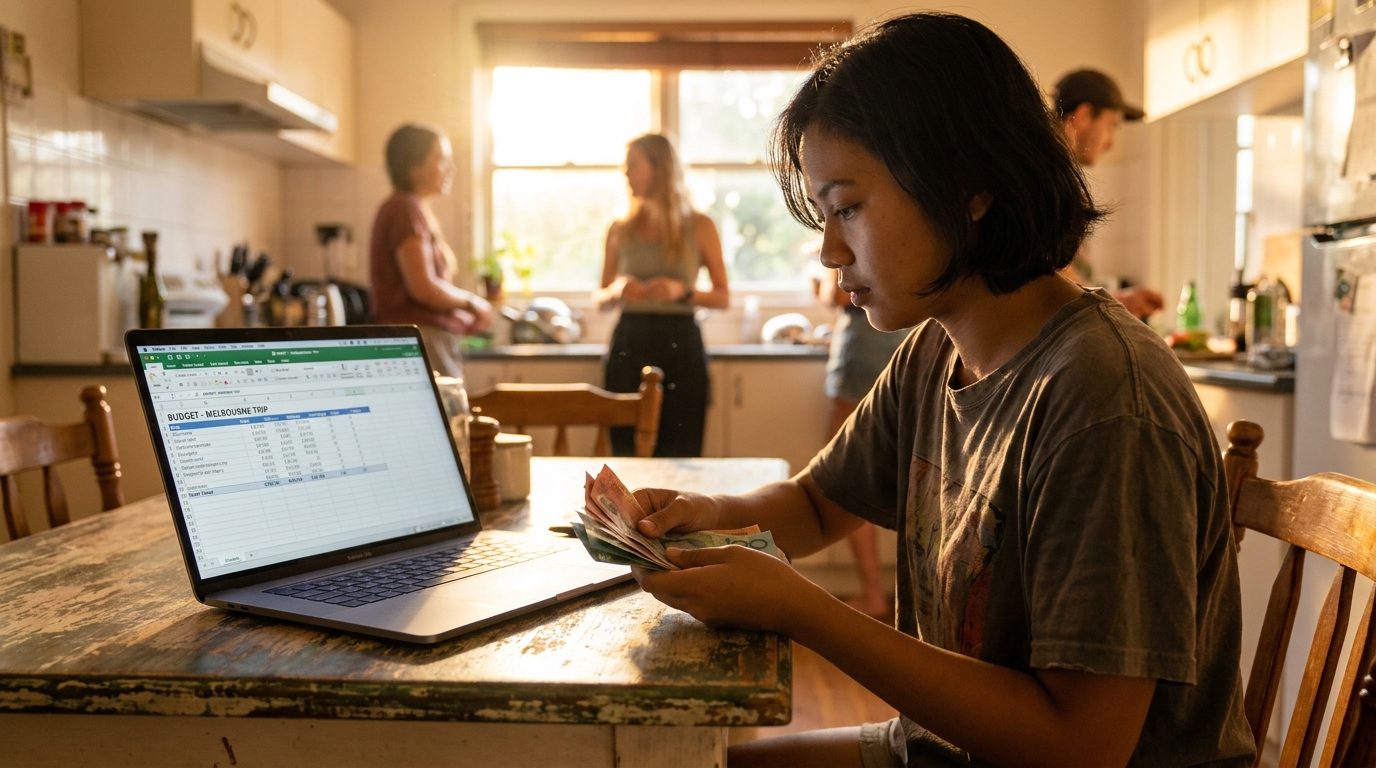 A young Indonesian backpacker in casual clothes counting Australian dollar banknotes at a wooden kitchen table in a sharehouse, laptop open showing a budget spreadsheet, warm afternoon light, candid composition