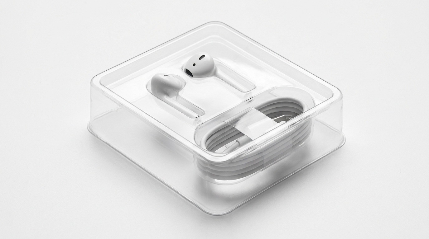 Tray thermoformed PET transparan yang dipotong presisi mengikuti bentuk earphone wireless, dengan earphone dan kabel charger duduk di slot masing-masing, di atas latar putih yang bersih