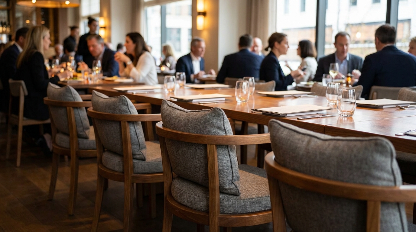 Ergonomic restaurant dining chairs with proper seat height and cushioning at standard height table