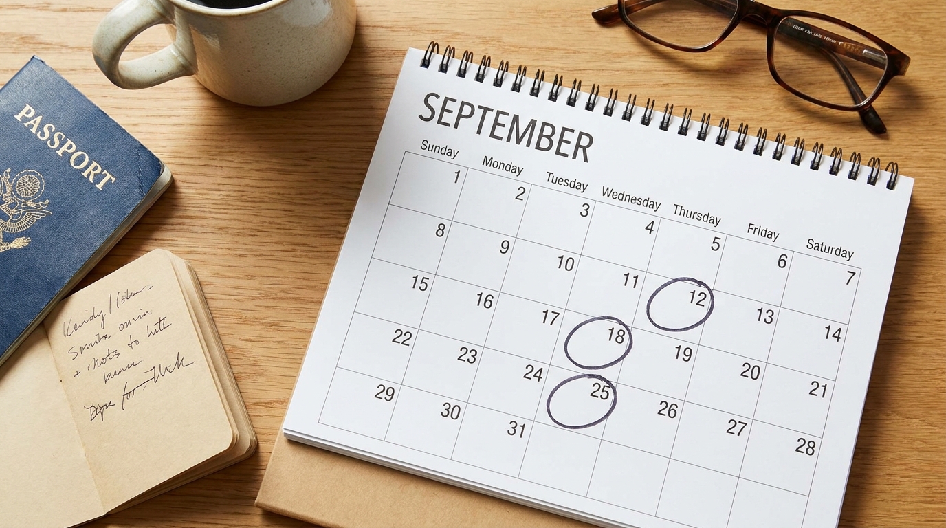 A simple desk calendar with a few dates circled in pen, a passport and a notebook placed beside it, photographed from above in soft natural light
