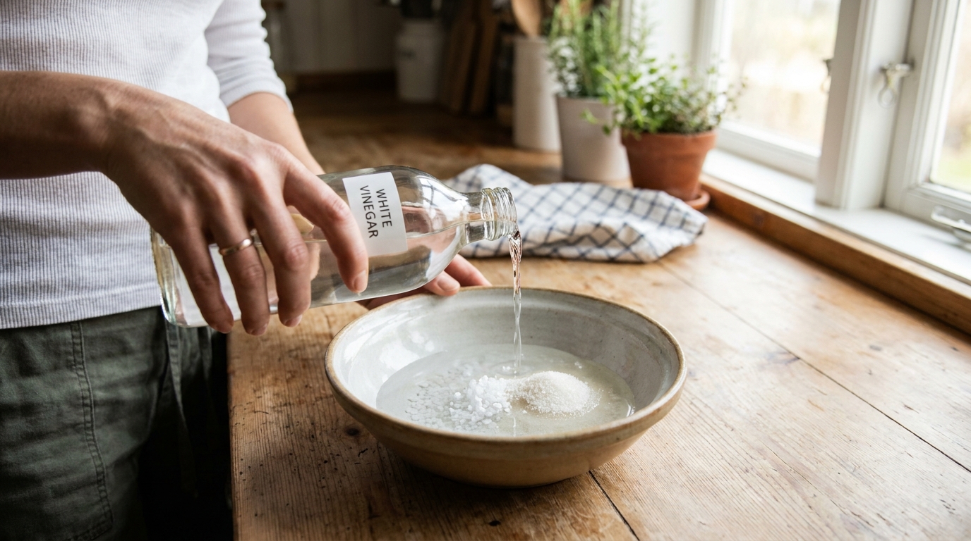 A person's hands pouring white vinegar from a glass bottle into a bowl containing water, sugar, and salt on a wooden kitchen table, natural daylight, simple home kitchen setting