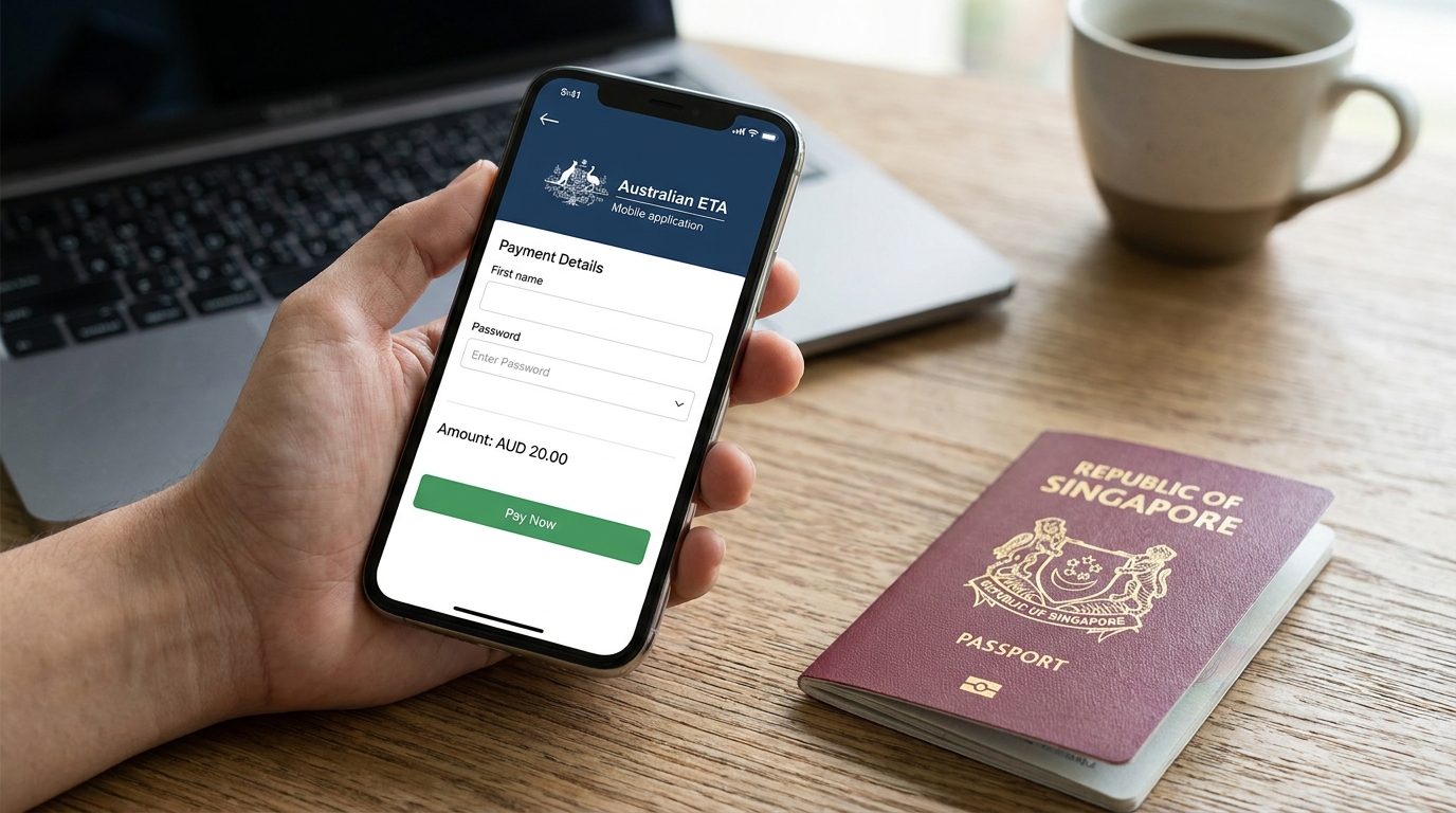 Smartphone showing the official Australian ETA mobile app open on its payment screen, with a Singapore passport placed beside it on a wooden desk