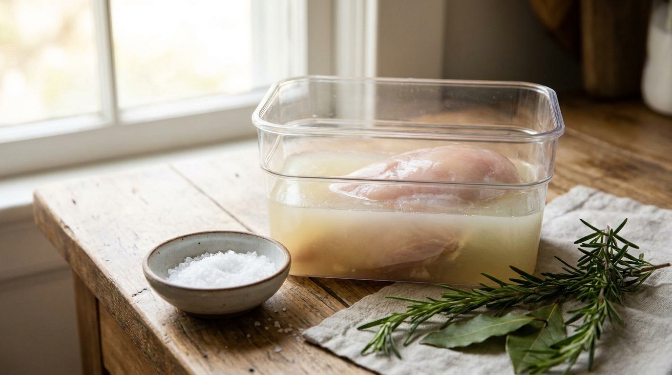 Sebuah wadah plastik bening berisi air garam dengan potongan dada ayam mentah terendam di dalamnya, di atas meja dapur kayu, dengan garam kasar dalam mangkuk kecil dan beberapa daun salam di sampingnya, pencahayaan dapur natural