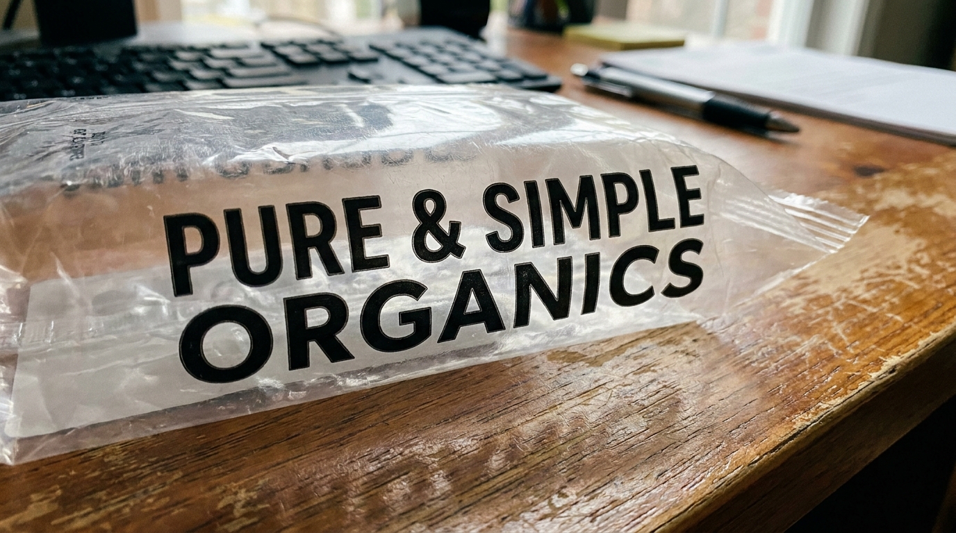 Close-up of a product name printed on a plastic packaging label in bold, clear lettering, photographed on a desk