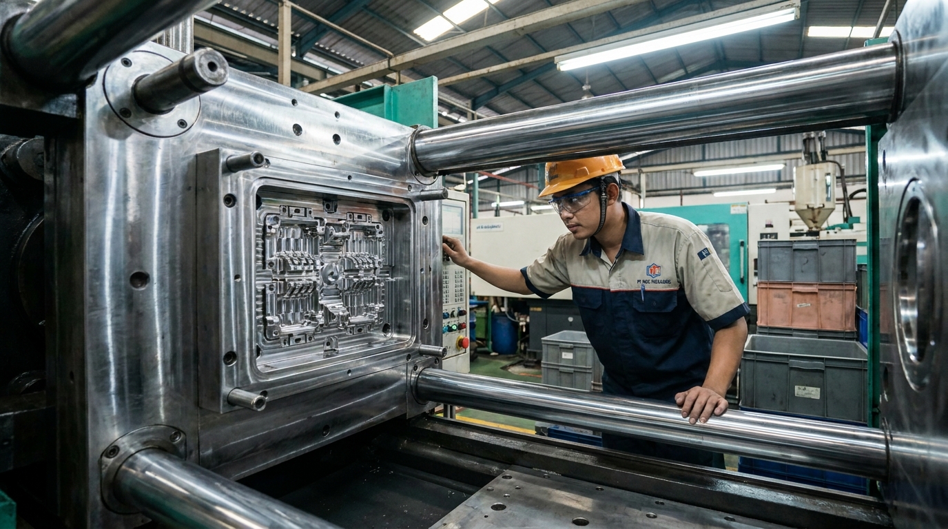 Cetakan injection molding berbahan baja yang sedang dipoles operator di area produksi pabrik kemasan plastik di Indonesia, terlihat detail rongga cetakan dan permukaan baja yang mengkilap
