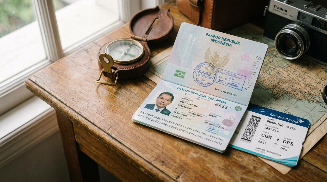 An Indonesian passport opened to the photo page placed on a wooden travel desk next to a boarding pass, soft natural daylight