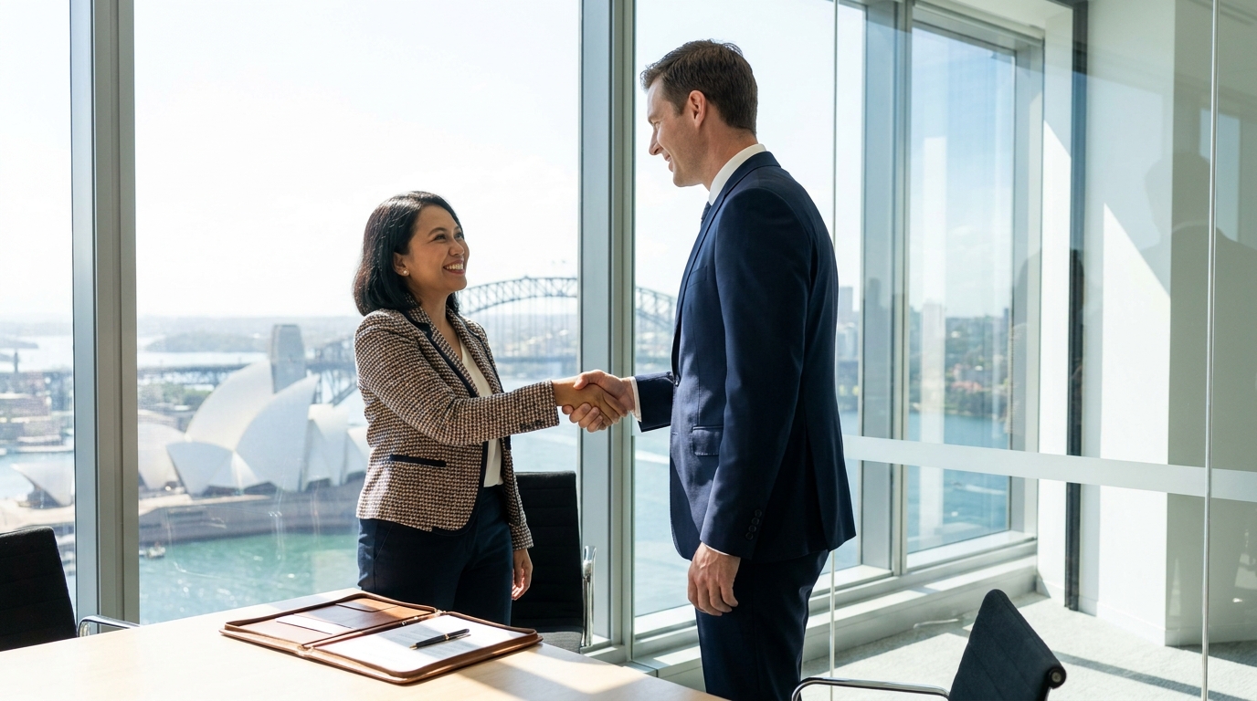 An Indonesian professional in business attire shaking hands with an Australian hiring manager in a modern office setting in Sydney, both standing near a large window with city skyline visible, daylight, friendly handshake gesture indicating a job offer signing moment