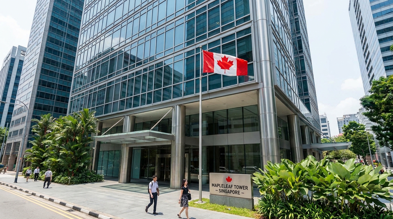 A modern Singapore office tower with the Canadian flag flying outside the entrance during the day, photographed from street level showing the building facade and ground floor signage