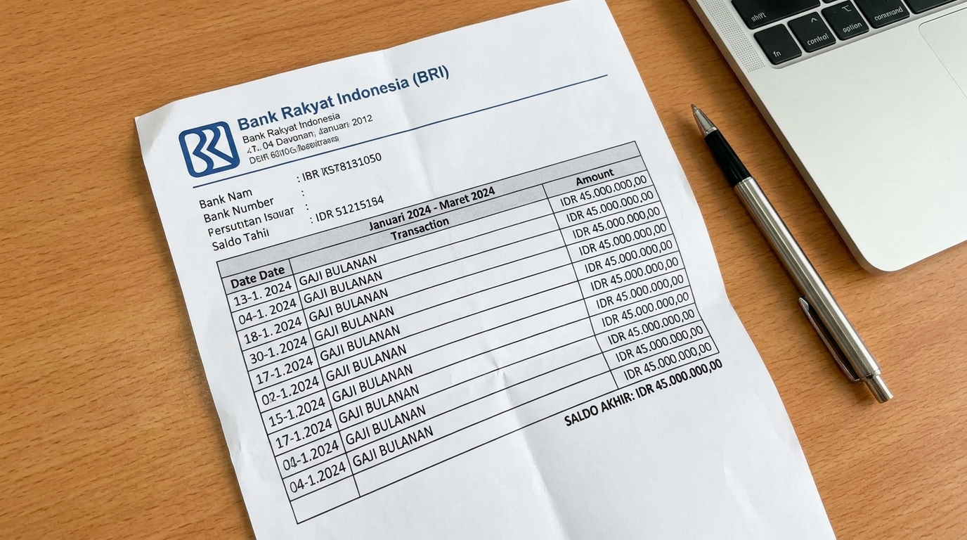 Indonesian bank account statement showing several months of transaction history with consistent salary deposits and stable balance, printed on bank letterhead