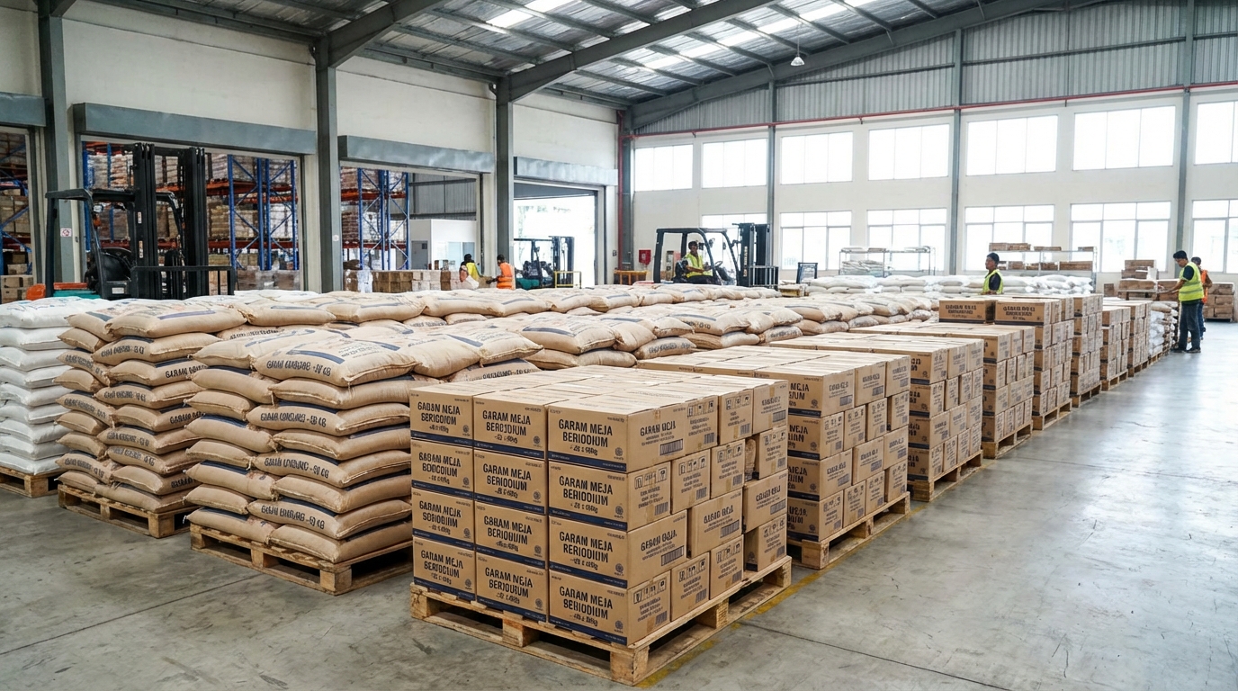 Karung dan kardus garam konsumsi ditata rapi di dalam gudang distributor yang terang dan bersih