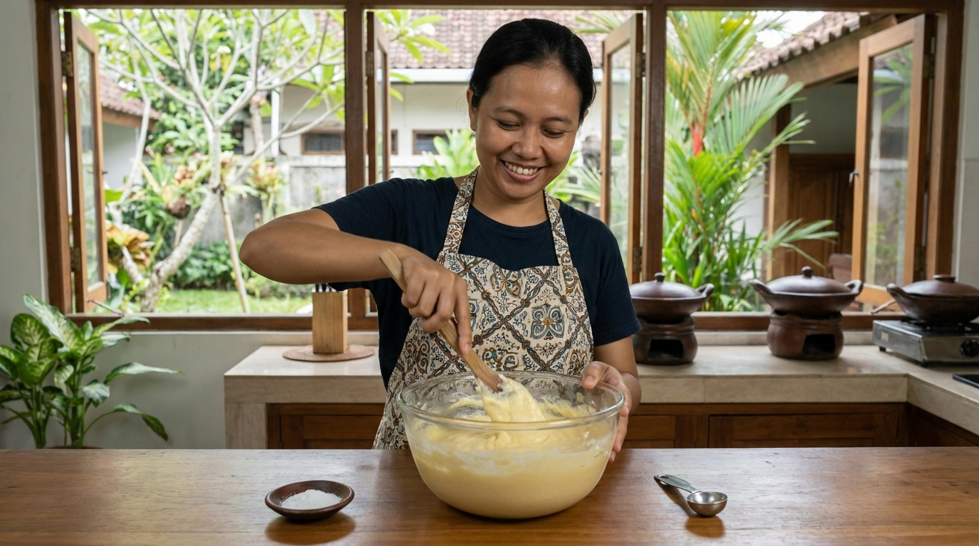 A home baker in an Indonesian kitchen mixing pale yellow cake batter in a glass bowl with a wooden spoon, with a small dish of fine white salt and a measuring spoon nearby on the counter