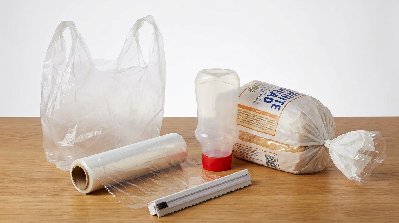 An assortment of LDPE flexible plastic packaging including a clear plastic shopping bag, a roll of cling film, a squeezable sauce bottle, and a bread bag, showing soft and flexible plastic films