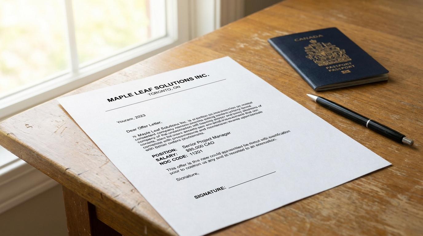 A formal Canadian employer job offer letter on official company letterhead, printed on white paper lying on a wooden desk, showing position title, salary in CAD, NOC code, and signature line, with a Canadian passport and a pen beside it, soft natural daylight