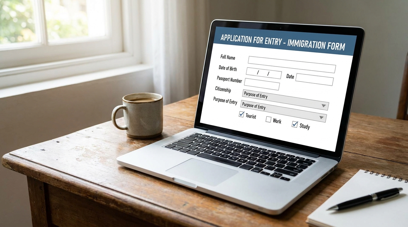 A laptop screen displaying a generic online immigration application form with form fields and checkboxes visible, placed on a wooden desk with a cup of coffee beside it, photographed at eye level in soft natural light