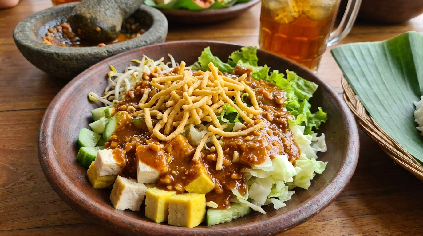 Sepiring asinan Betawi dengan tahu kuning dadu, timun, tauge, kol, dan selada disiram bumbu kacang kental berwarna coklat oranye, ditaburi kerupuk mie kuning di atasnya