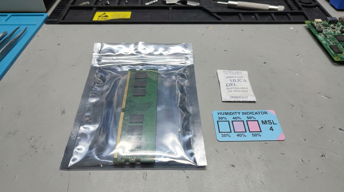 Sebuah kantong moisture barrier perak yang sudah disegel rapat berisi modul memori, dengan paket silica gel kecil dan kartu indikator kelembaban berwarna biru-pink di dekatnya, dipotret dari atas dengan latar meja kerja pabrik
