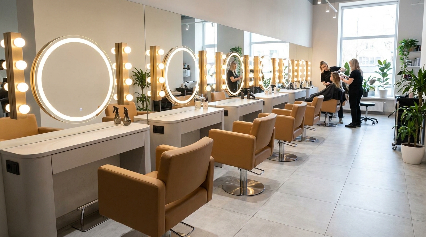 A modern hair salon interior with a row of styling stations along a mirrored wall, warm front-facing vanity lighting on each mirror, leather styling chairs, and clean tiled flooring