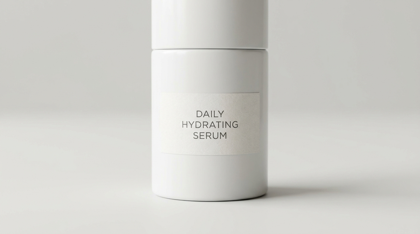 Sebuah botol skincare putih polos dengan label tipis bertuliskan nama produk dalam font sederhana, diletakkan di atas latar belakang abu-abu muda yang bersih