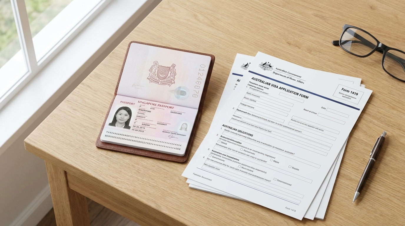 A Singapore passport open to the biodata page placed beside a stack of Australian visa application documents on a clean wooden desk, photographed from directly above in natural daylight