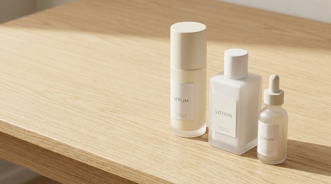 Tiga botol skincare berwarna krem dan putih dengan label polos dan banyak ruang kosong, ditata di atas meja kayu terang
