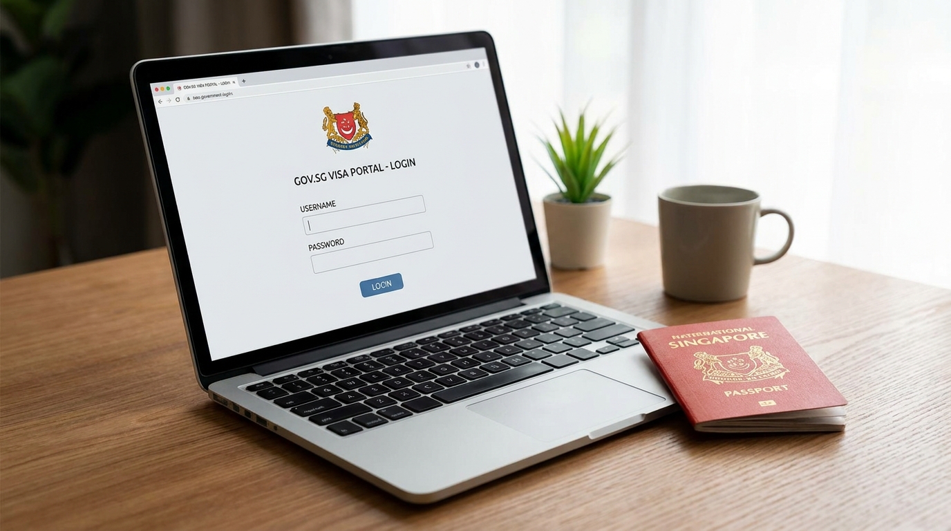 A laptop on a wooden desk in soft natural light showing a generic government visa portal login page on screen with username and password fields visible, alongside a Singapore passport resting beside the laptop